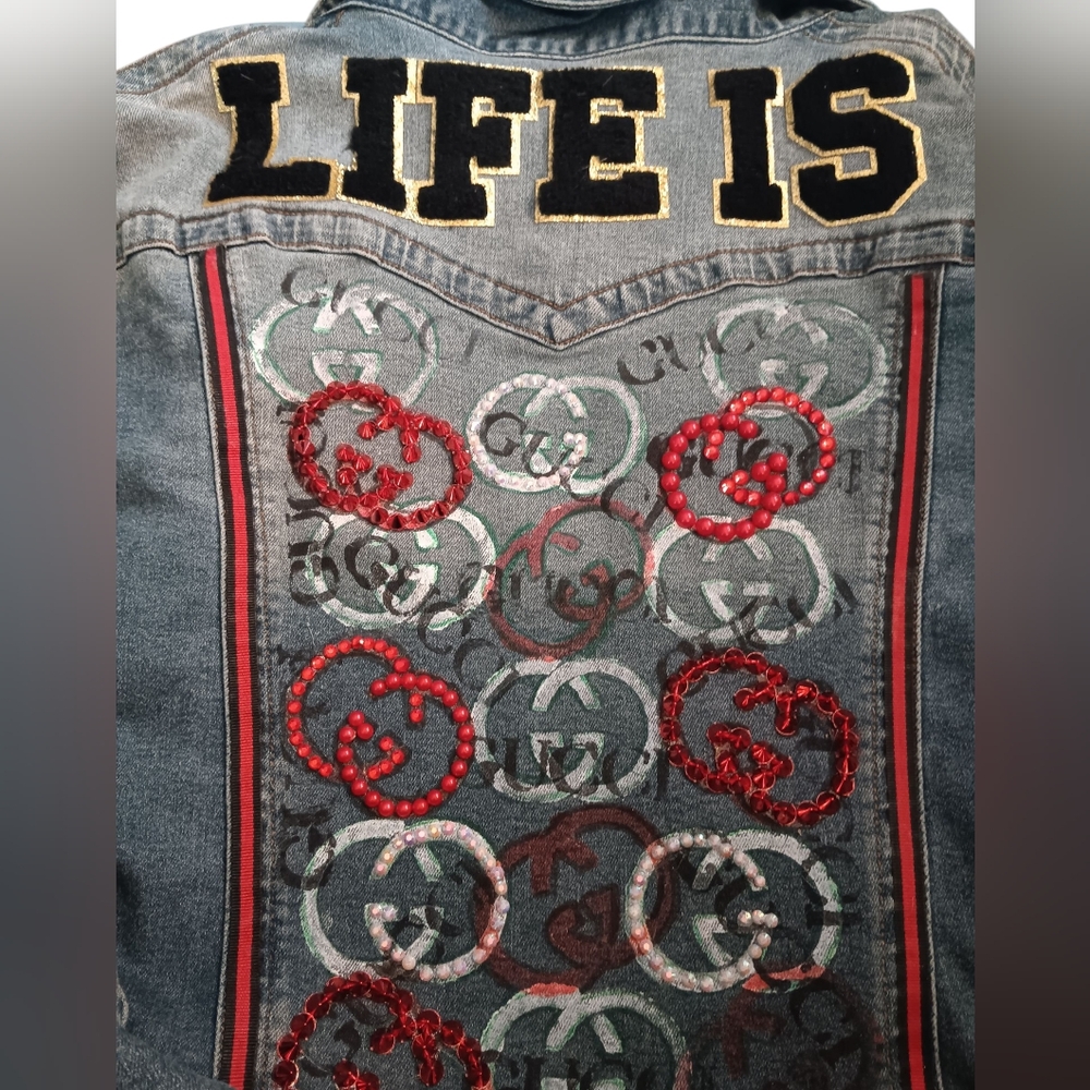 Slayerrr's Customs "Life Is Gucci" Demin Jacket Size XL - Picture 3 of 11